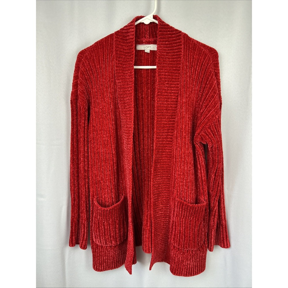 Loft Cherry Red Chenille Cardigan Pockets Ribbed Soft M Preppy Cozy Festive